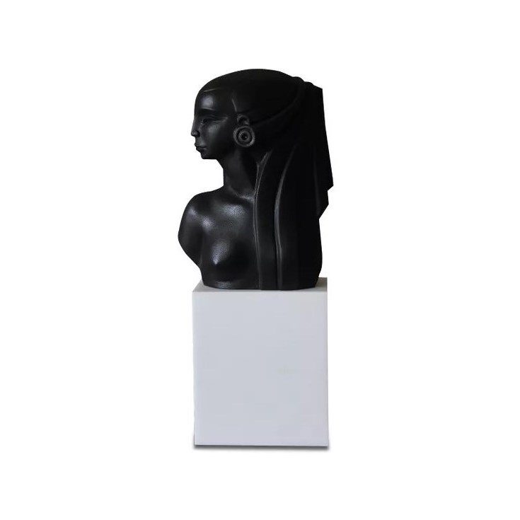 Escultura Cleópatra Preta com Base Alta Branca